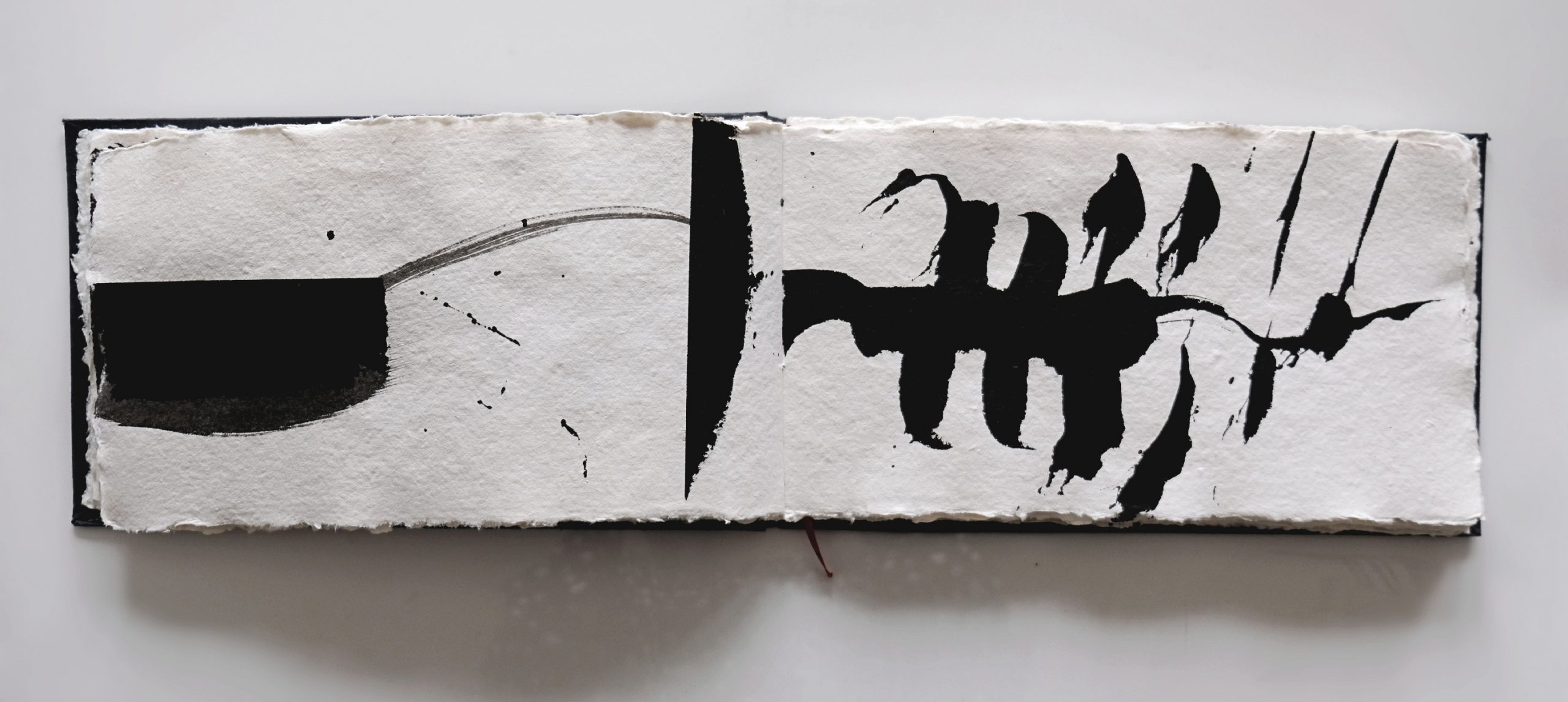 Drawing diary, an excerpt from a visual poetry artist book No. 7, Indian ink on handmade paper 17 x 29 x 1.5 cm, 2024