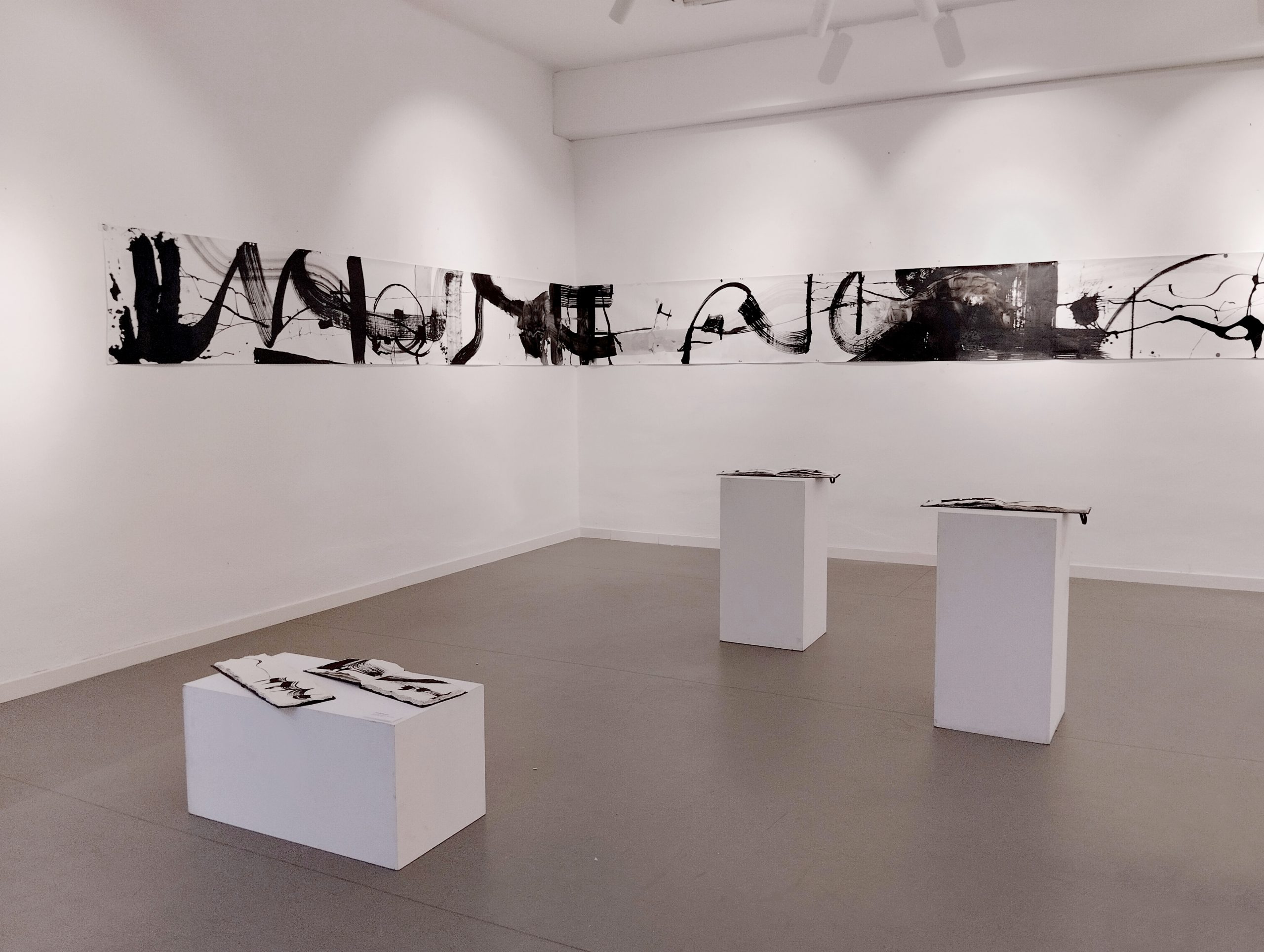 Note, 2024, Indian Ink on canvas, 61 x 1420 cm with Drawing diaries, visual poetry artist books, Indian ink on handmade paper 17 x 29 x 1.5 cm